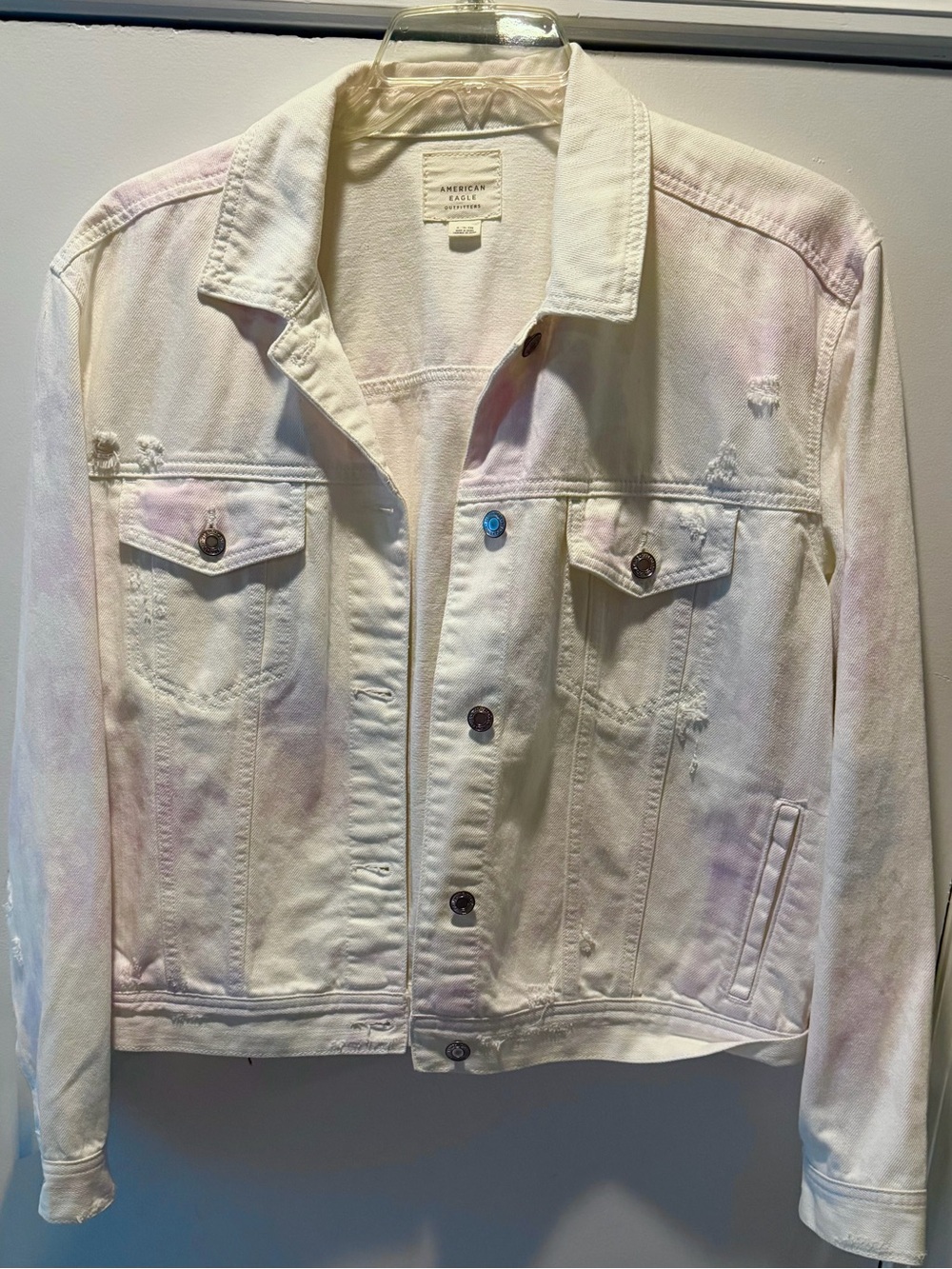 American Eagle Women's White / Light Pastel Tie-Dye Denim Jacket